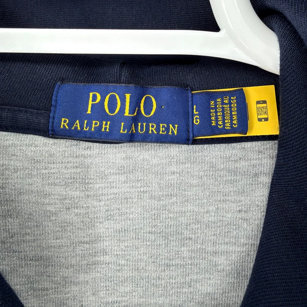 Polo Ralph Lauren Colorblock Hoodie Graphic Sleeve Pullover Gray Navy Large